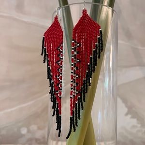 Beaded Red Feather Earrings